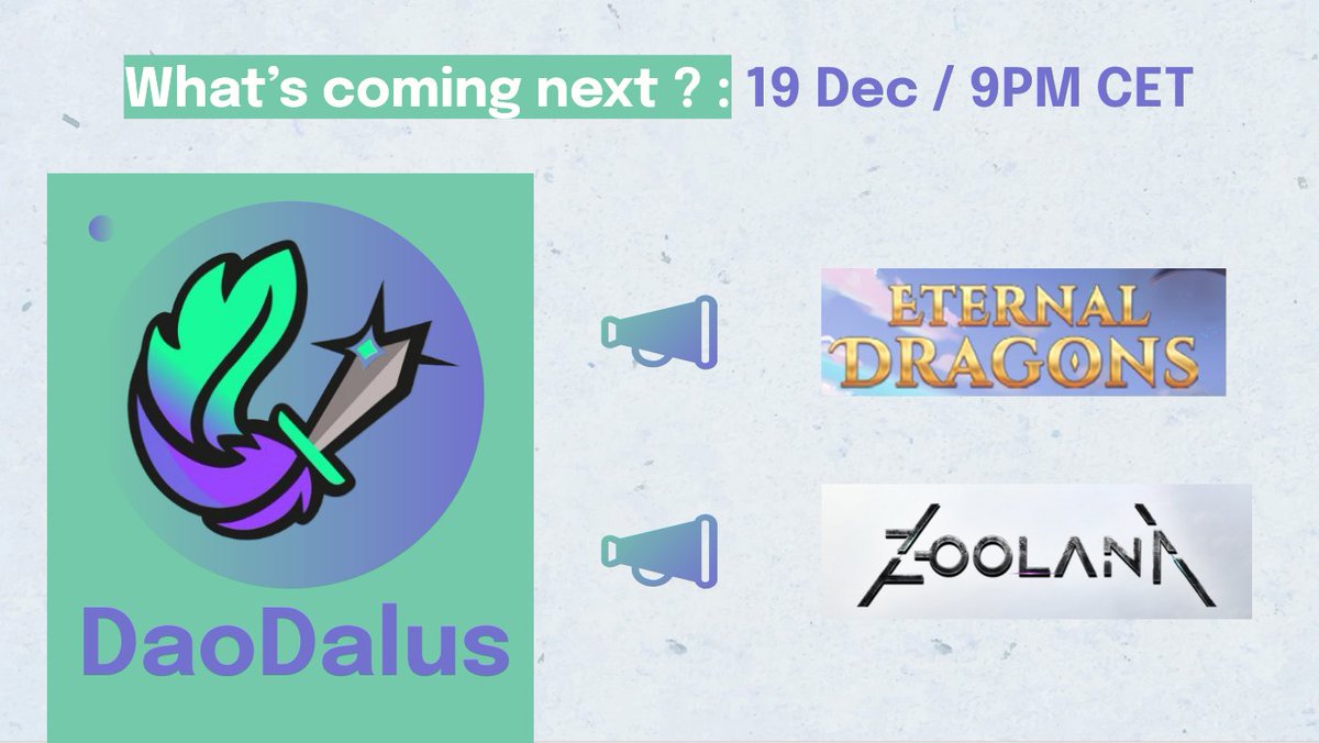 DaodalusGuild's tweet photo. 🎙 What's coming next ? 

Project are still building and tomorrow we will have : 
➡️ @EternalDragons_
➡️ @Zoolana_

They will join us to share what is their next step 🛠

Join us 19 dec at 9pm CET, we will have a giveaway for thoses who attend ✌🏽

https://t.co/u6FpFlBgPj https://t.co/rBF7bi1lC1