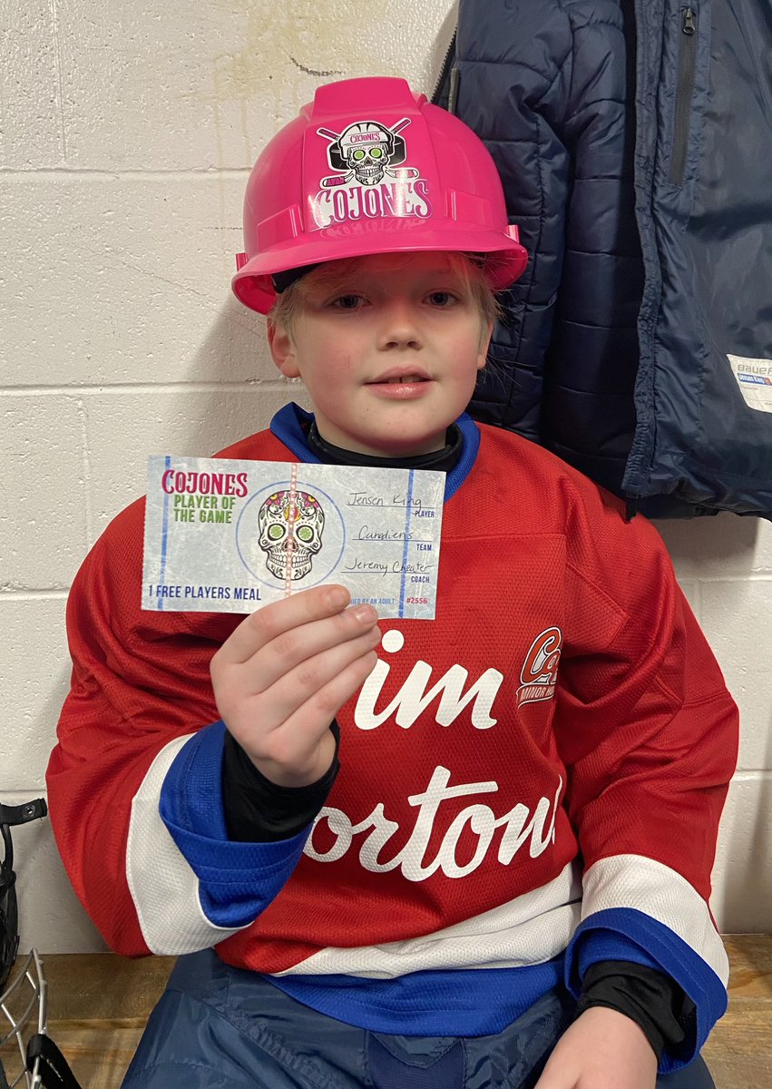 Congrats to Jensen of the U9B Canadiens on being named the <a href="/CojonesTacos/">Cojones Tacos & Tequila</a> bravest player of the game. <a href="/SJMHA/">St. John's Caps</a>