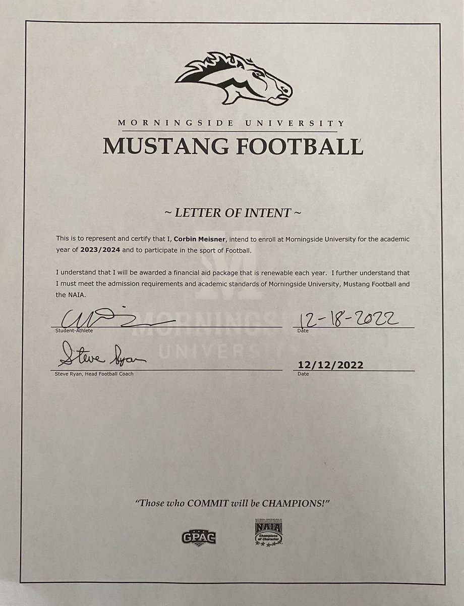 Corbin Meisner (@corbinmeisner) on Twitter photo I am excited to announce that I will be continuing my academic and athletic career at Morningside University! Thank you to all the coaches for believing in me! <a href="/CoachNateTurner/">Nathan Turner</a> @NiklasGustav94 <a href="/j_schlichte/">Jay Schlichte</a> <a href="/MsideFootball/">Morningside University Football</a> I am excited to announce that I will be continuing my academic and athletic career at Morningside University! Thank you to all the coaches for believing in me! <a href="/CoachNateTurner/">Nathan Turner</a> @NiklasGustav94 <a href="/j_schlichte/">Jay Schlichte</a> <a href="/MsideFootball/">Morningside University Football</a>