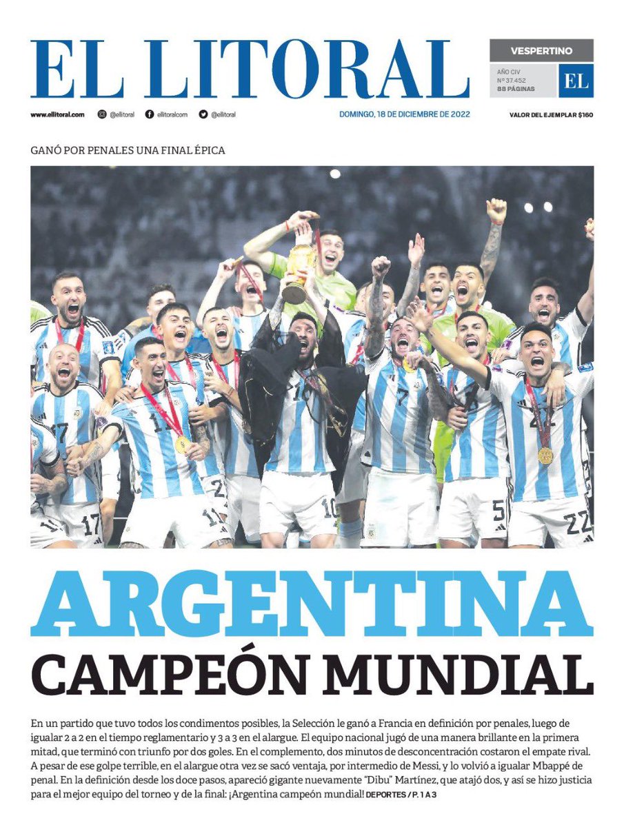 lmasjoan's tweet photo. La tapa histórica de #ArgentinaCampeon 
La primera del país es de @ellitoral 🇦🇷🇦🇷🇦🇷🇦🇷 https://t.co/WohCEKPAUh