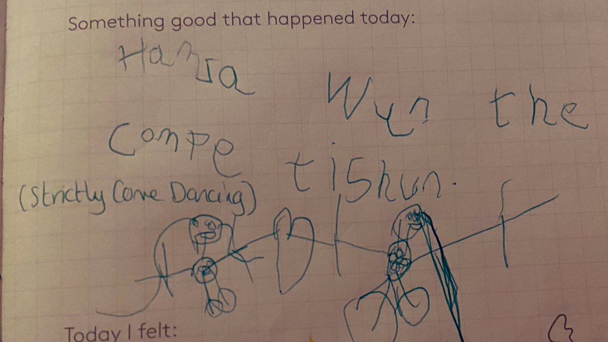 Even though I took my 4 year old to the theatre today, the most noteworthy thing she decided to record in her @HappySelf_ journal at bedtime was that @HamzaYassin3 won @bbcstrictly.