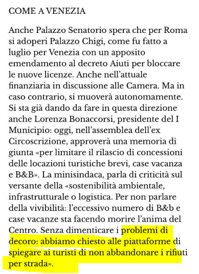 Continuate pure a pianificare, dirigere, vietare, ma almeno non rendetevi ridicoli arrivando a teorizzare che il turista che va in affitto in casa, oltre che dannoso per "la sostenibilità ambientale, infrastrutturale o logistica", è pure uno zozzone.
