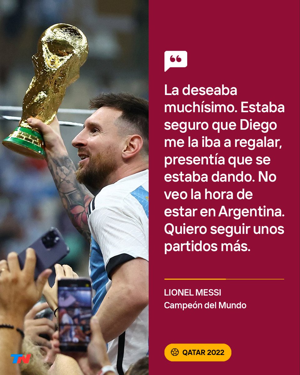 todonoticias's tweet photo. "ESTABA SEGURO QUE DIEGO ME LA IBA A REGALAR" ❤️🇦🇷

Lionel Messi habló tras obtener la Copa del Mundo y anticipó seguirá en la Selección argentina: "Quiero seguir unos partidos más como capitán". https://t.co/OtJ6pUuC3D