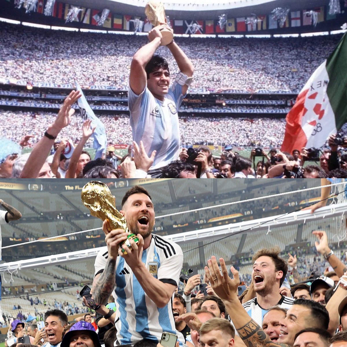 Juezcentral's tweet photo. Y como alguna vez lo hizo el Diego hace 36 años, hoy, Lionel dio la vuelta olímpica alzado en hombros y con la Copa en mano. Qué lindo. https://t.co/kyRtuN5aKX