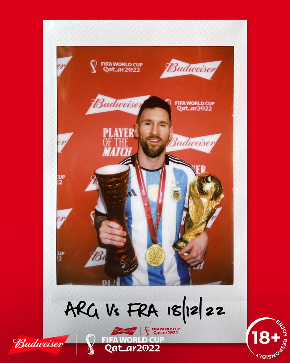 🐐 The GOAT debate is settled. The ultimate prize is now part of the collection. The legacy is complete. On the day Argentina won their third #FIFAWorldCup, Lionel Messi is your #Budweiser Player of the Match. 🐐 🇦🇷 #ARGFRA 🇫🇷 #POTM #YoursToTake #BringHomeTheBud