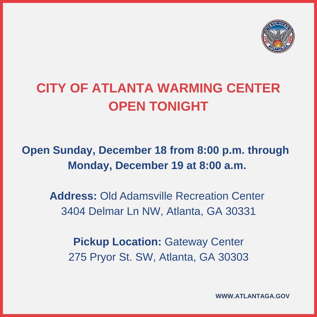 CityofAtlanta's tweet image. An emergency warming center will open tonight, Dec. 18 at 8:00 pm at the Old Adamsville Recreation Center (3404 Delmar Ln NW, Atlanta, GA 30331).

Transportation will be provided at 8:00 pm from the Gateway Center (275 Pryor St SW, Atlanta, GA 30303).