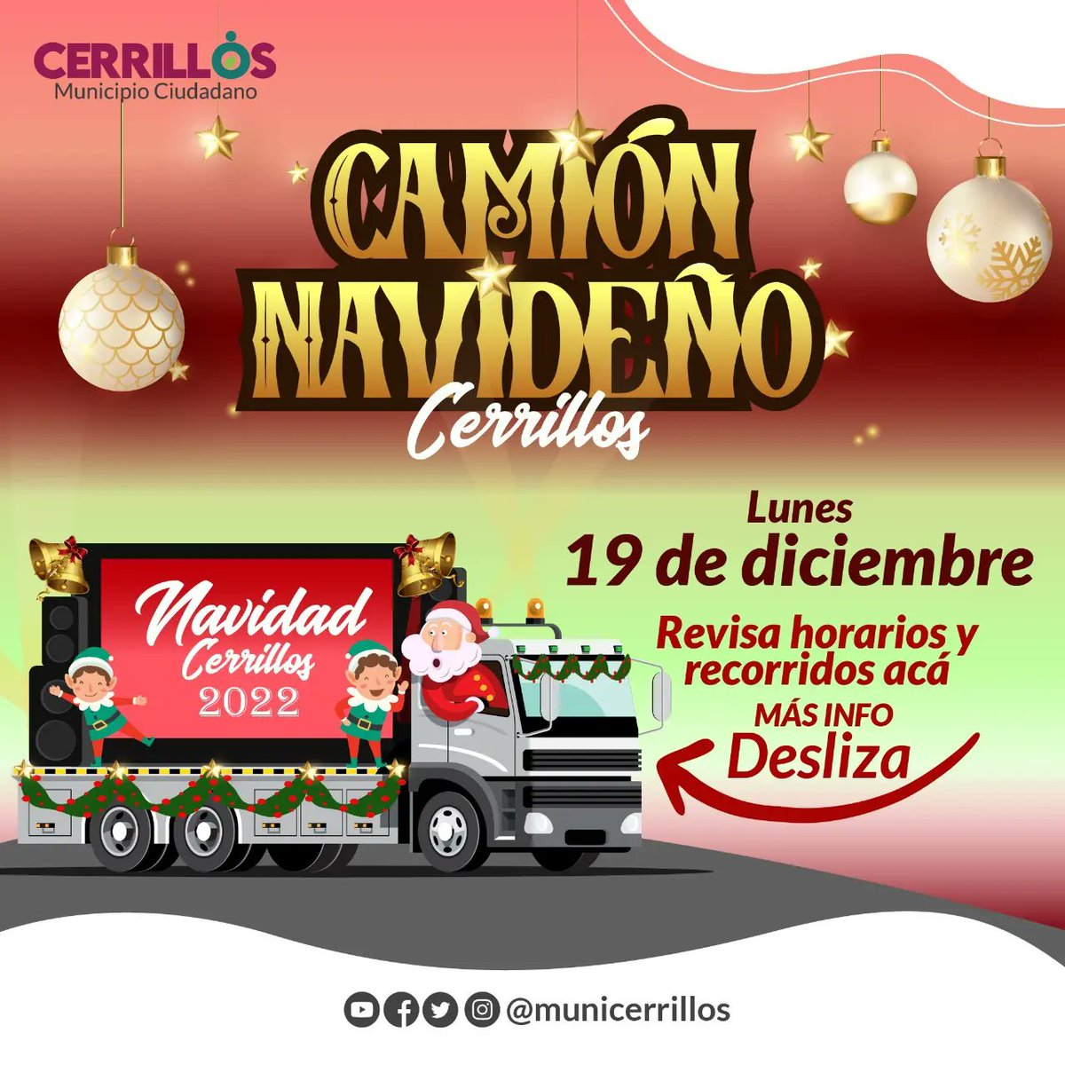 MuniCerrillos's tweet photo. 📌 Revisa el recorrido del “Camión Navideño” para este lunes 19 de diciembre.

@facuse_lorena

#Cerrillos #MunicipioCiudadano #MunicipioInforma #CerrillosParaTodasyTodos #Comunidad #Participación #Navidad #CamiónNavideño https://t.co/uXHnVXzlsh