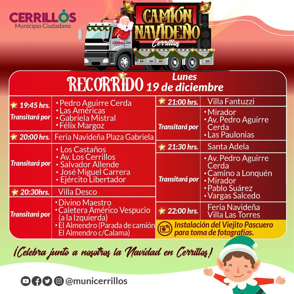 MuniCerrillos's tweet photo. 📌 Revisa el recorrido del “Camión Navideño” para este lunes 19 de diciembre.

@facuse_lorena

#Cerrillos #MunicipioCiudadano #MunicipioInforma #CerrillosParaTodasyTodos #Comunidad #Participación #Navidad #CamiónNavideño https://t.co/uXHnVXzlsh