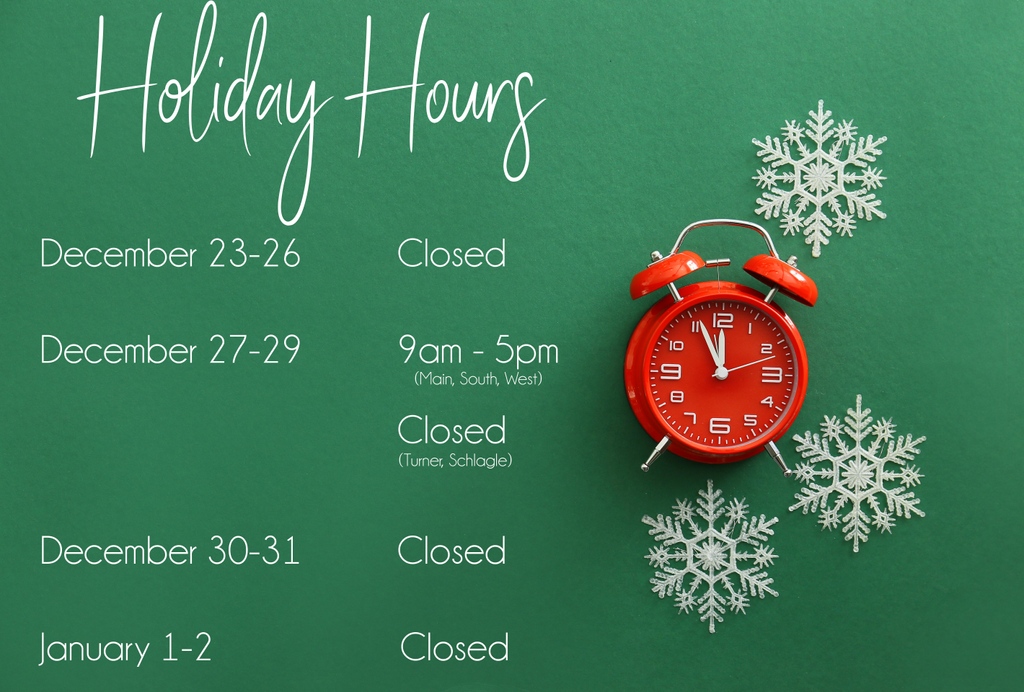 KCKPL ha modificado sus horas para las festividades de invierno.

23-26 de diciembre - cerrado

27-29 de diciembre - Main, South y West están abiertas de 9am a 5pm. Turner y Schlagle están cerradas.

30-31 de diciembre - cerrado

1 y 2 de enero - cerrado