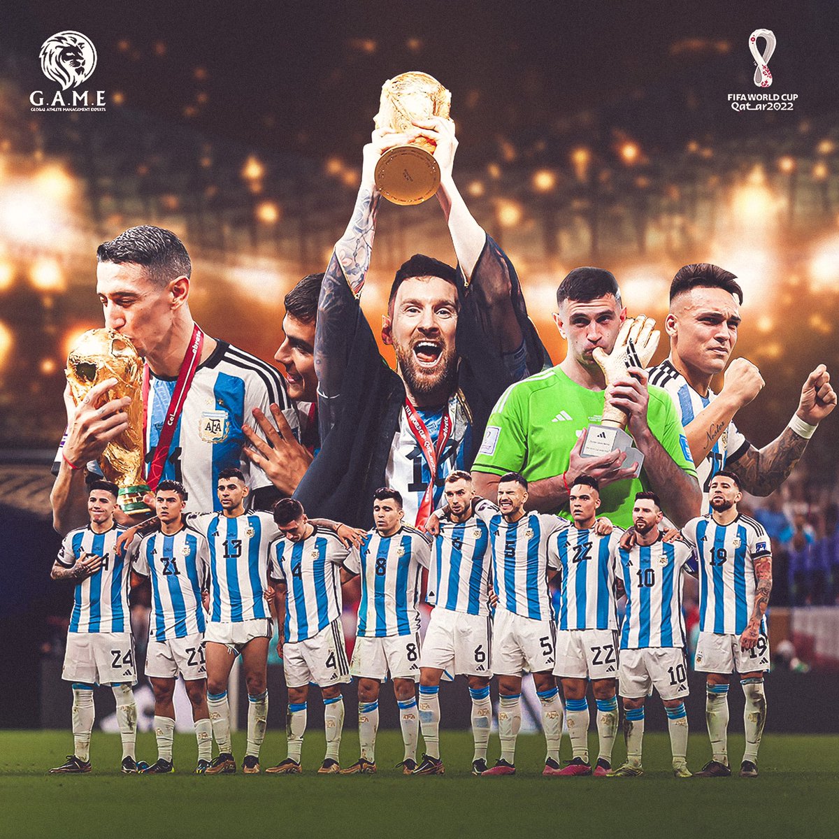 GameSportsMgmt's tweet photo. 𝗠𝗔𝗥𝗔𝗗𝗢𝗡𝗔 𝗜𝗡 𝟭𝟵𝟴𝟲 ➡️ 𝗟𝗘𝗢 𝗠𝗘𝗦𝗦𝗜 𝗜𝗡 𝟮𝟬𝟮𝟮 

- 36 years after Maradona did it for Argentina, Lionel Messi brings to the nation the World Cup glory! 🇦🇷🏆

#IamGAME #Messi𓃵 #Argentna #FIFAWorldCupFinal https://t.co/zZxZKMvvSD