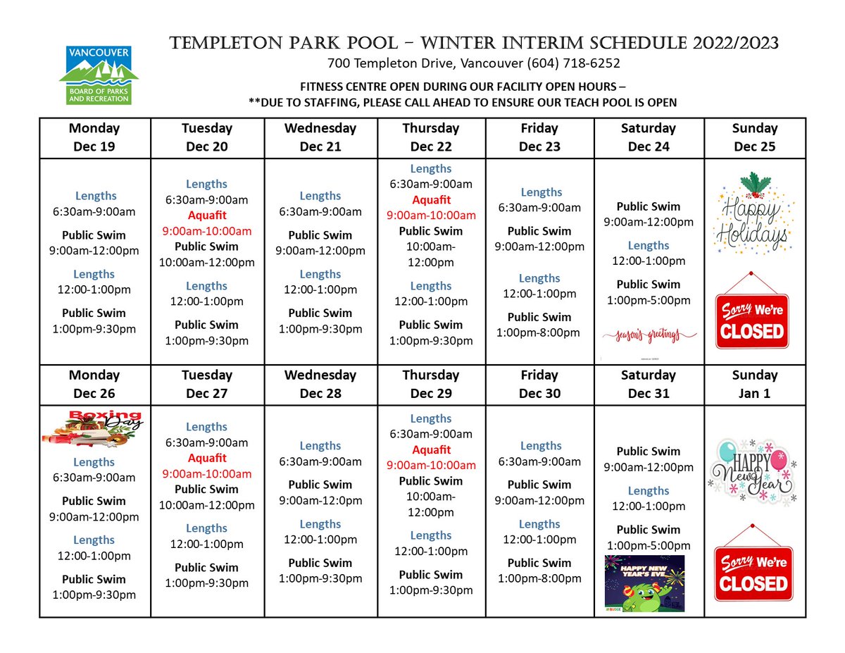 Templeton Park Pool's  winter interim schedule is in effect starting Monday, December 19.
