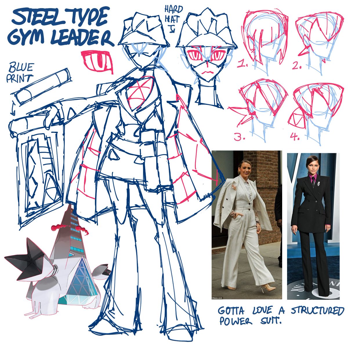 was thinking about designing some pokemon gym leaders. here's a sketch for a steel type gym leader who is an architect. idk if i will continue with it though 