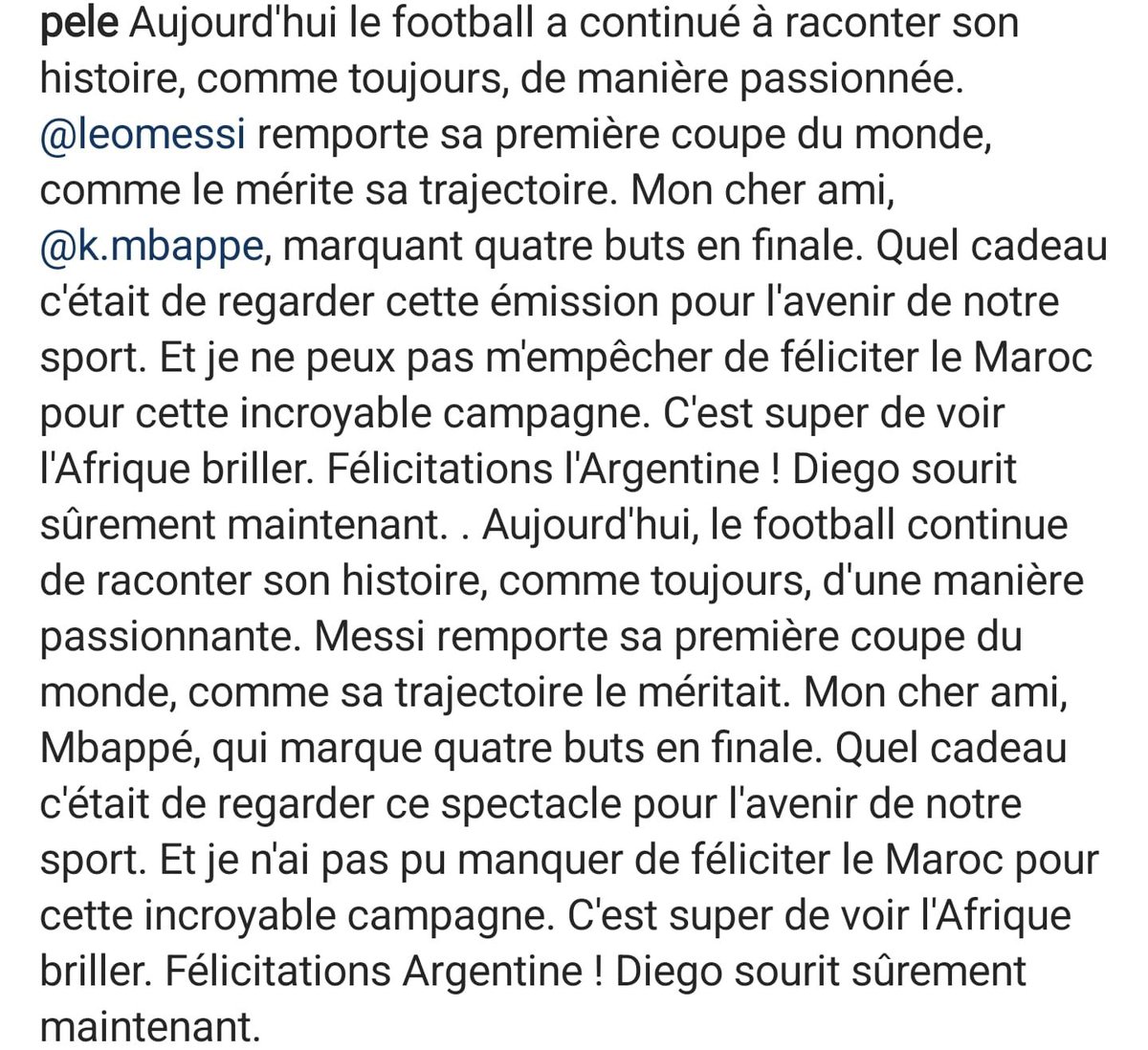 Le très beau message de Pelé sur Instagram. 👏🇧🇷