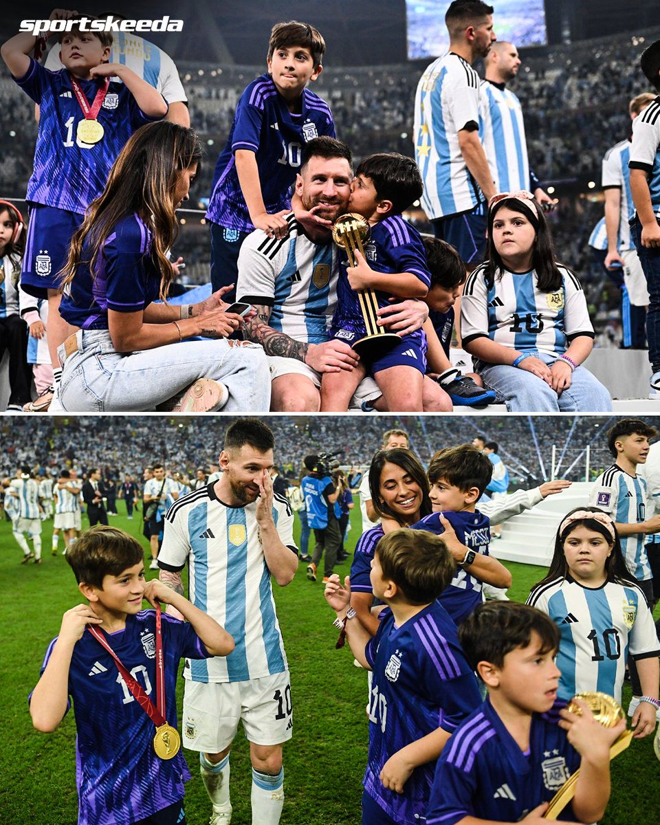 skworldfootball's tweet photo. The Messi family couldn't be any happier! 🥳 🇦🇷

PS - Matteo running away with Golden Ball 😆

#Qatar2022 #FIFAWorldCup #LionelMessi𓃵 #Argentina https://t.co/Gq1saj409W