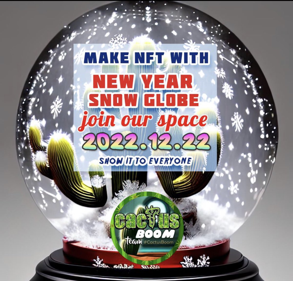 🌵💥loves winter season, let’s make it more fantastic and magical ❄️

🎁Join our #NFTartchallenge 🎁

❄️make art 🔮on the snow globe topic
🔮use #cactusboom to take part
❄️ come to space 21/22 Dec
🔮 challenge some friends
❄️ join the <a href="/spatial/">Spatial Research + Design</a> #nftgallery with us
Read 🧵🧶👇