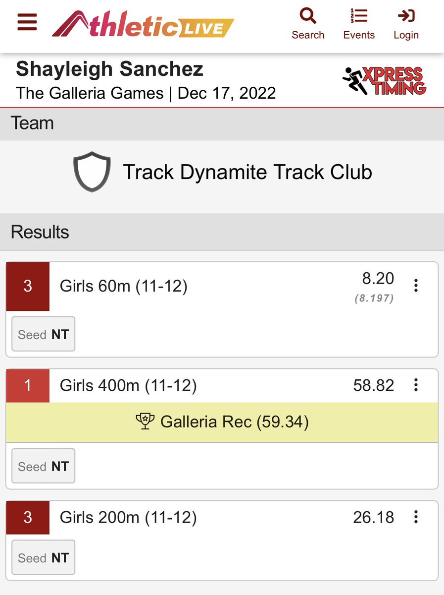 RossumCoach's tweet photo. Congrats to 12yr old Shayleigh ‘Bug’ Sanchez. She broke the meet record in the🥇400m (58.82) at ‘The Galleria Games’ in Birmingham, AL at the Crossplex.🥉60m (8.20) &🥉200m (26.18)🐞#1fastlady #trackdynamite #trackandfield #sprinter https://t.co/o2uHDfyQaM