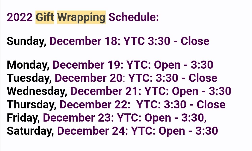 ABCDMom_10598's tweet photo. The Yorktown Teen Center elves are ready to wrap all your holiday gifts! Come see us next to Santa at the JV Mall!  Below are our hours. https://t.co/UVB2YicpeW