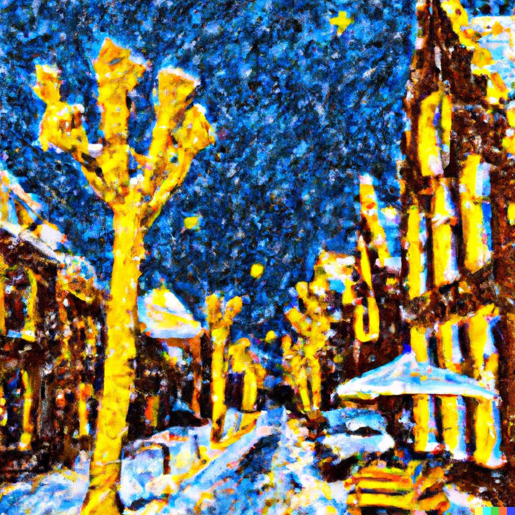 Van Gogh tarz�nda Noel'de kar ya�an cadde resmi - Dall-E