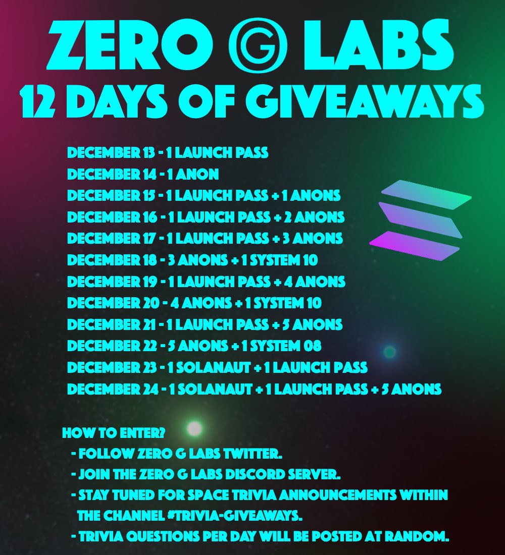 Dec 18 - Space Trivia #6 kicking off soon in our Discord! 🧠🚀

Chance to win 3 <a href="/SolanAnons/">Solana Anonymous</a> and 1 System 10! 👤👤👤💫

#nfts #solananfts #nftgiveaway #twelvedaysofgiveaways 🎄🎁