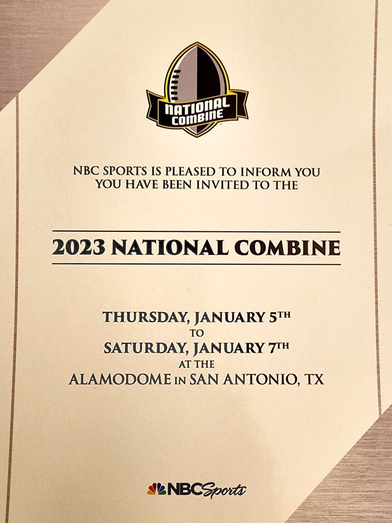 Thank you to @AABonNBC for the invite to the underclassmen 2023 National Combine. Excited to compete against some of the best in the country @ErikRichardsUSA @PrepRedzone @TheCoachHolman @Coach_JHyde @CoachA_GHS @TXTopTalent @PrepRedzoneTX