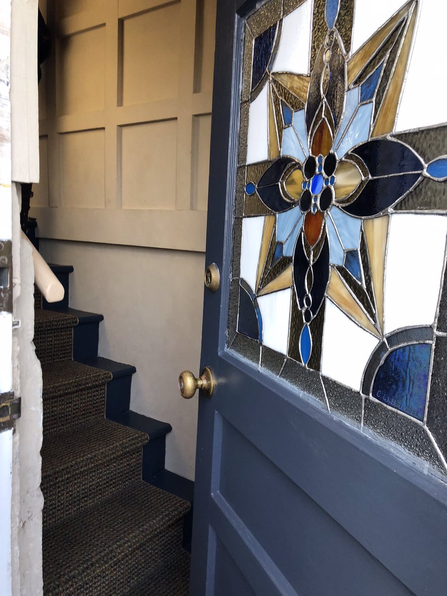 CjWalke19139700's tweet photo. My latest stained glass window project is complete! 
I installed it into its door today. Yeah!! My cousin asked for something in these colors with a kaleidoscope effect. 
She ❤️it! 😁 https://t.co/1ZlhvqcLyM