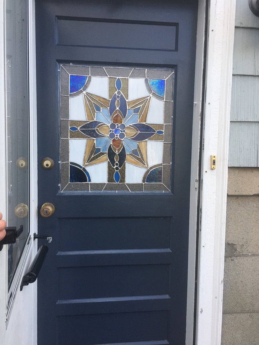 CjWalke19139700's tweet photo. My latest stained glass window project is complete! 
I installed it into its door today. Yeah!! My cousin asked for something in these colors with a kaleidoscope effect. 
She ❤️it! 😁 https://t.co/1ZlhvqcLyM