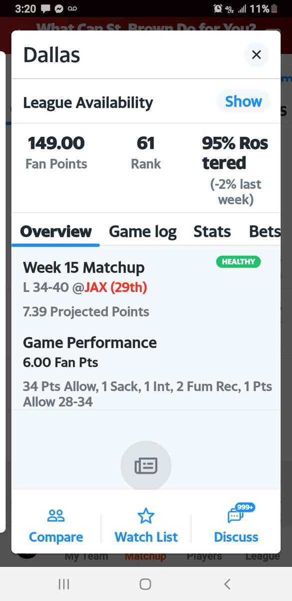 Southern_Boy504's tweet photo. @YahooFantasyCC @YahooFantasy 

Yall have a mess up with the Cowboys defense. Yall have them for 34 points given up... and they gave up 40 (It should be -4... Not -1). SEE PHOTO BELOW https://t.co/eGPiOT9hic