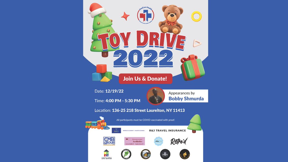 onecarehealth's tweet photo. πToy Drive 2022 π
Join Us & Donate! Help bring joy to the kids in our community. Don't miss appearances by Bobby Shmurda!
136-25 218 Street Laurelton, NY 11413
4:00 PM - 5:30 PM
#BobbyShmurda #Giveaway #FreeToys #Holidays #Christmas #OnecareHealthAPHW #APHW https://t.co/FZwhsWkZvW