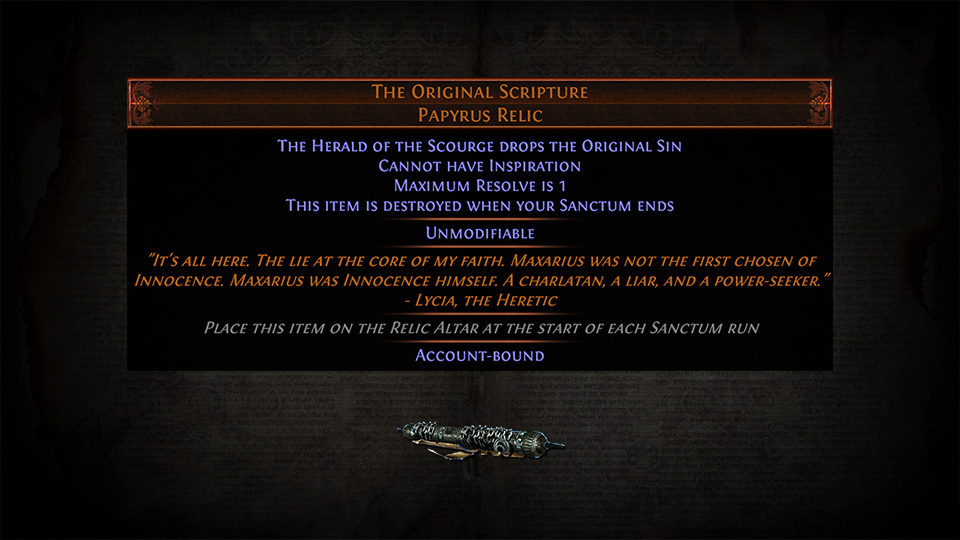 pathofexile's tweet photo. The Original Scripture turns your next Sanctum into a hardcore no-hit run but should you conquer it, you'll receive the mysterious Original Sin... https://t.co/CSVKx2y8R6