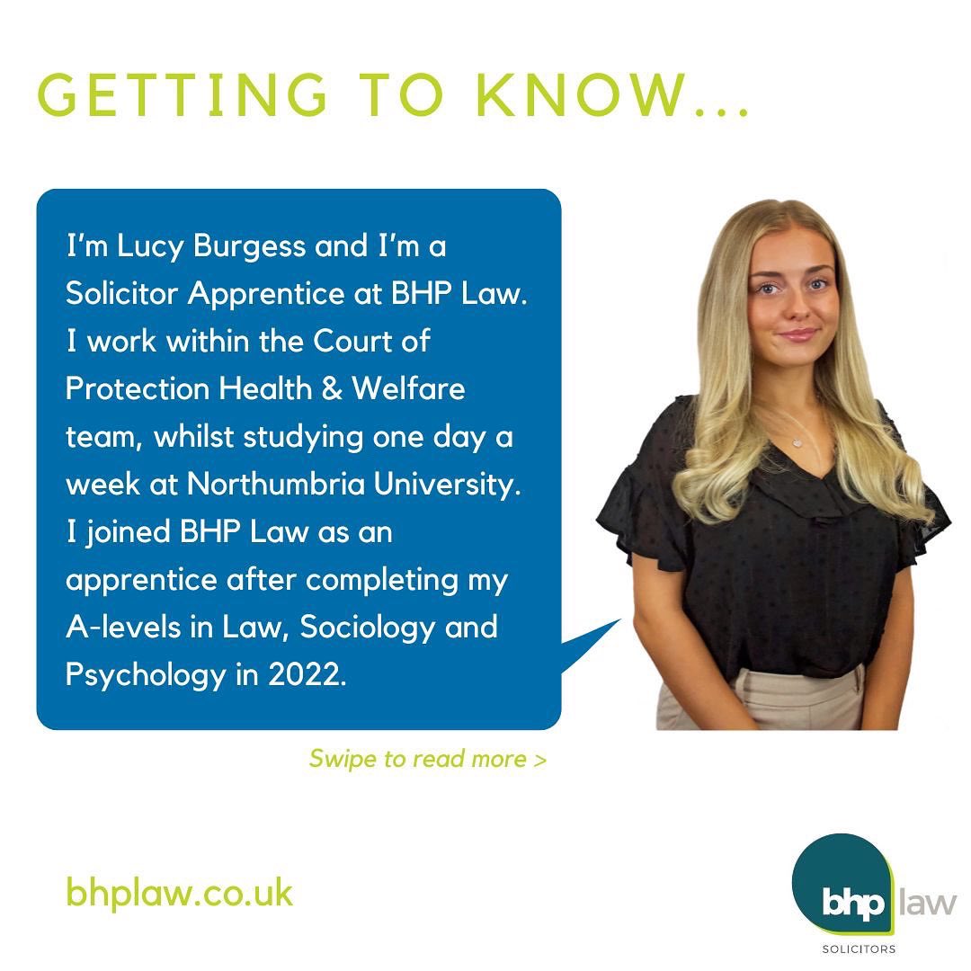 BHPLaw's tweet photo. Introducing Lucy, one of three #apprentices to recently join BHP Law. 
We asked her why she opted for the #apprenticeship route into law, how she found the application process and what she thinks will be her biggest challenge. 

#legalcareer https://t.co/zcJztNc9mq