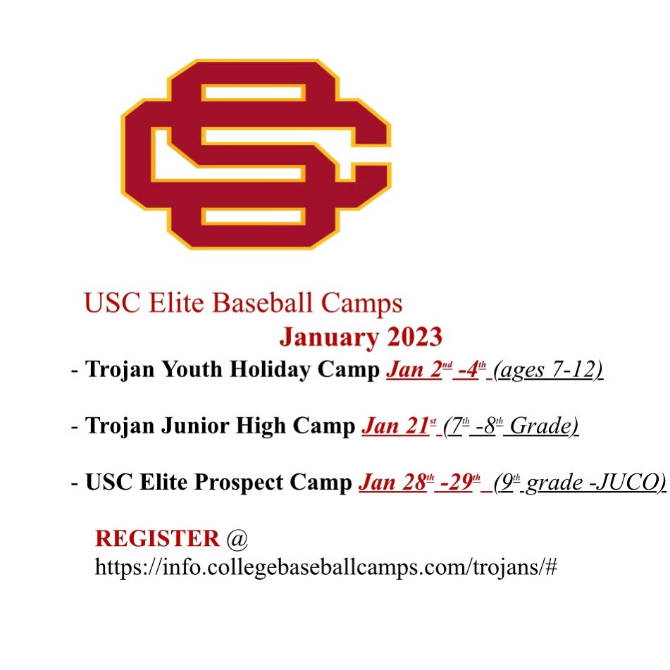 🚨 Take on the New Year w/ @USC_Baseball ⚾️ 3 separate camp opportunities in January; reaching all ages/levels. For additional questions email uscbaseballcamps@gmail.com - Link to register in the comments Hope to see you soon ✌🏽✌️#fighton