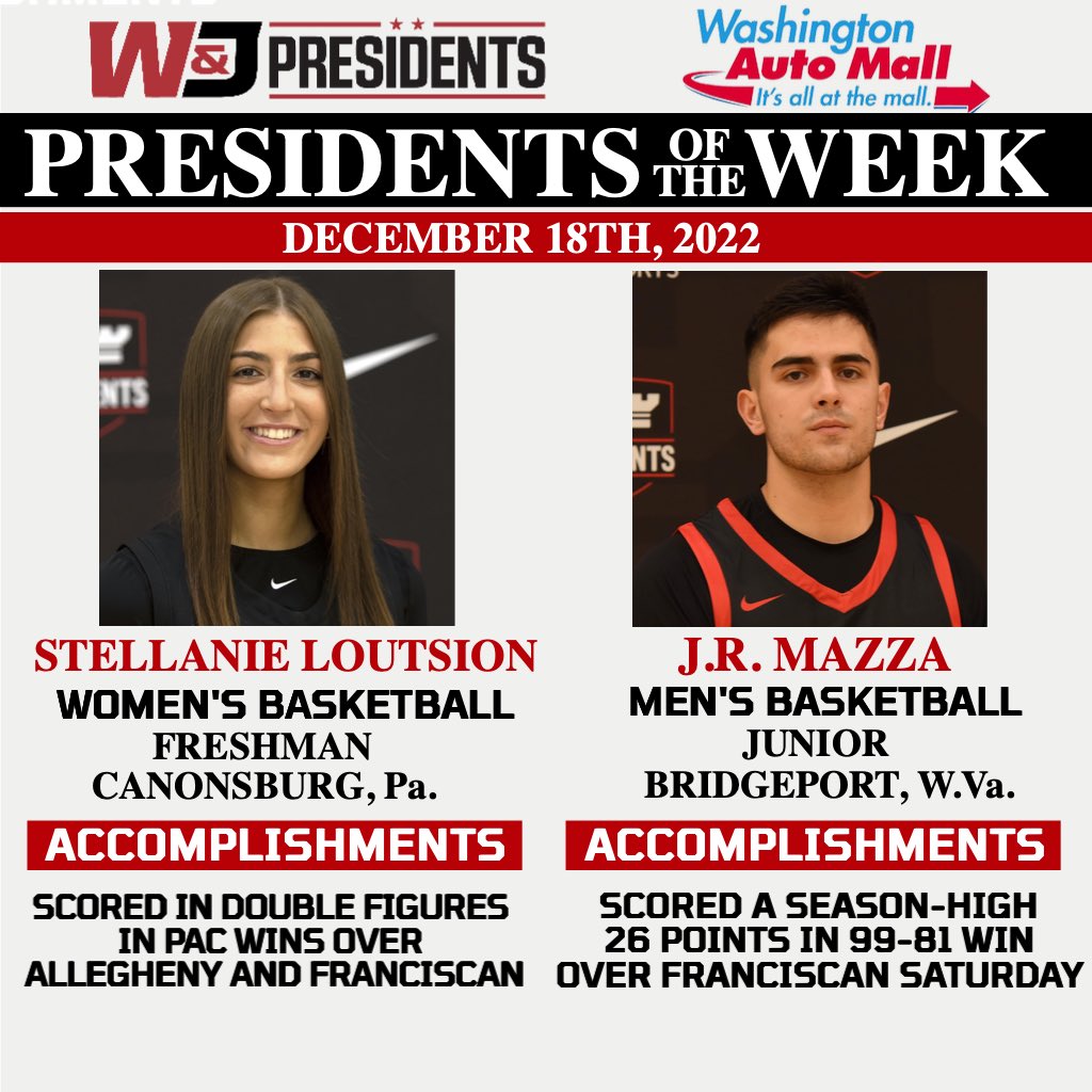 wjathletics's tweet photo. Congrats to our Washington Auto Mall Presidents of the Week (Dec. 5 through Dec. 17) as selected by the W&amp;J Sports Information Office - Stellanie Loutsion and J.R. Mazza! 

#PrezPride 🔴⚫️ https://t.co/7uPrDeWQYb