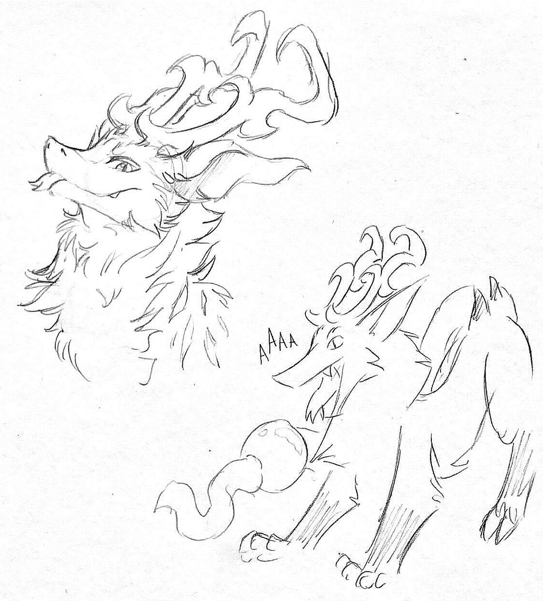 My end of a small sketch trade with <a href="/hannufluff/">hannu</a> and their sona Hannu! I just really love how fluffy Hannu is and the gremlin energy they have... so of course a lil screm was absolutely necessary ;P