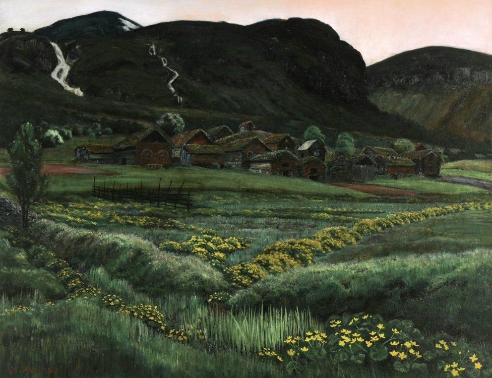 ahistoryinart's tweet photo. Nikolai Astrup's eloquent and powerful depiction of Ålhus near Jølster (1914) where his father was the local pastor incorporates the two essential themes that preoccupied him throughout his life: the farming community and the primal forces of the natural world. https://t.co/3eReE9cNvk