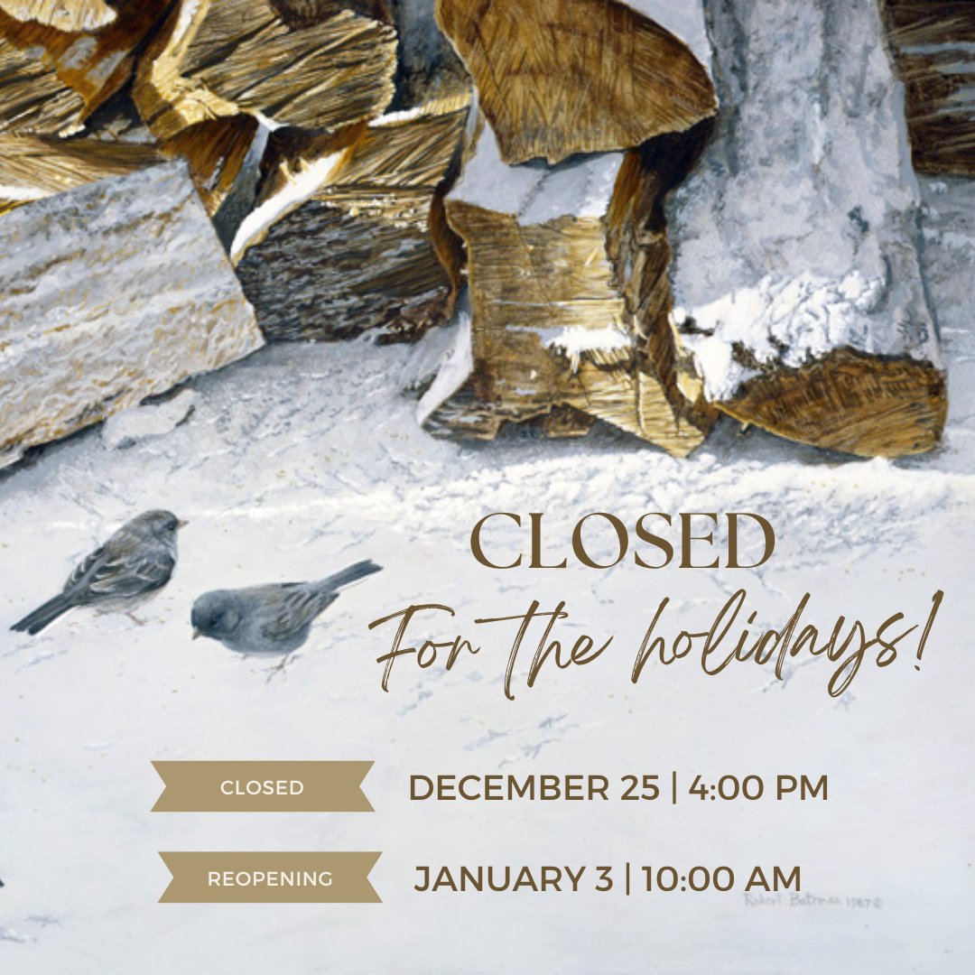 batemanfdn's tweet photo. To give our staff time to rest and spend time with family, the Bateman Gallery and Shop will be closed from December 26 to 31.

We look forward to welcoming you back on January 3!

#BatemanGallery #BatemanFoundation #BatemanGalleryShop #robertbateman #VictoriaBC https://t.co/OWC2nk4gji