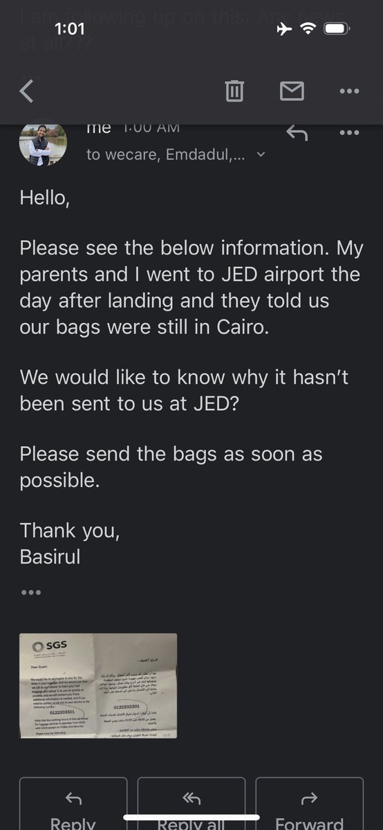 theBassilisk's tweet photo. @EGYPTAIR Ok I have contacted them. If they do not respond to me, like the mybaggage@egyptair.com didn’t, what would be the next steps? https://t.co/OBpF1UtG9S