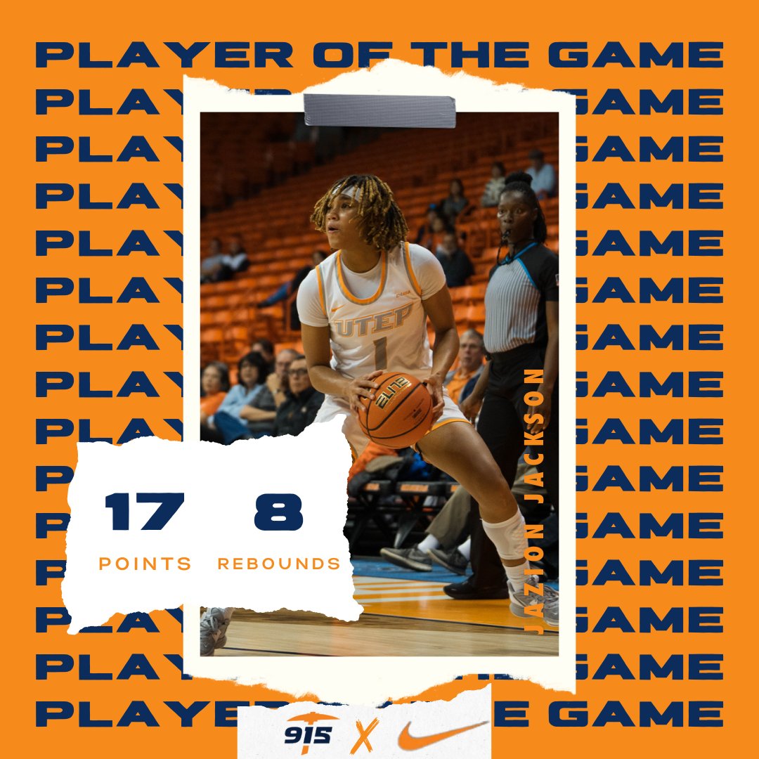 UtepZay's tweet photo. The player of the game following UTEP's huge win over LA Tech is Jazion Jackson! Jackson had 17 points and 5 three's and was a huge part of the Miner win. She also added 8 rebounds and 4 steals from the guard position. Congrats Jazion!! #PicksUp⛏️ #TheTEP https://t.co/kic6cWbYpt