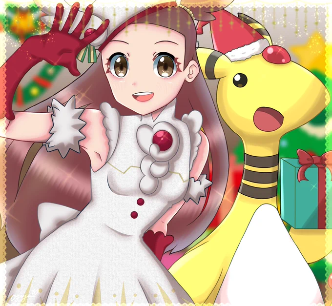 シャキーン!プレゼントの……お届けです!クリスマスミカン&デンリュウ(jasmine&amp;Ampharos) #ポケマスアート 