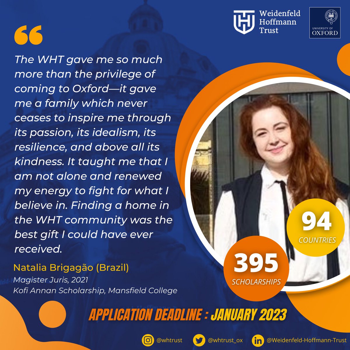 <a href="/NataliaBrigagao/">Natalia Brigagão</a> is a Brazilian human rights advocate currently pursuing her DPhil <a href="/BlavatnikSchool/">Blavatnik School of Government</a> &amp; made a full circle teaching foundation in Political Philosophy Seminars to the new cohort of WHT MPP Scholars. 

Application deadline by Jan.

<a href="/oxford_uni/">Oxford University</a> <a href="/oxfordgradstudy/">Graduate Study at Oxford</a>