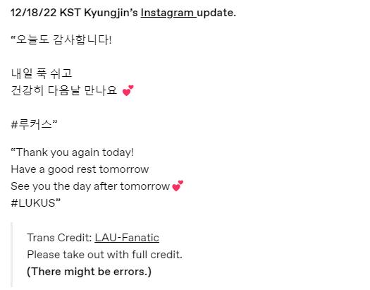 LAUFanatic's tweet photo. 221218 Kyungjin's Instagram post.
#LUKUS #LAU #LU4US #Kyungjin #MinKyungjin #경진 #민경진
https://t.co/UZYwehFe4U https://t.co/jEM1sISjhl