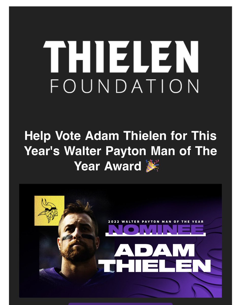 #WPMOYChallenge  Adam Thielen #WPMOYChallenge  Adam Thielen <a href="/athielen19/">Adam Thielen</a> is a huge member of the community and his foundation <a href="/ThielenFound/">Thielen Foundation</a> does a lot of great work. Dude deserves this. #SKOL