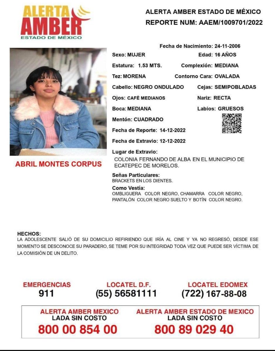 Ecatepec's tweet photo. Solicitamos tu ayuda en la localización de la joven Abril Montes Corpus, quien fue vista por última vez en la colonia Fernando de Alba.

Ante cualquier información sobre su paradero, comunícate a los números que aparecen en la siguiente imagen.
@locatel_mx
@AlertaAmberMX https://t.co/cqi9oHle51