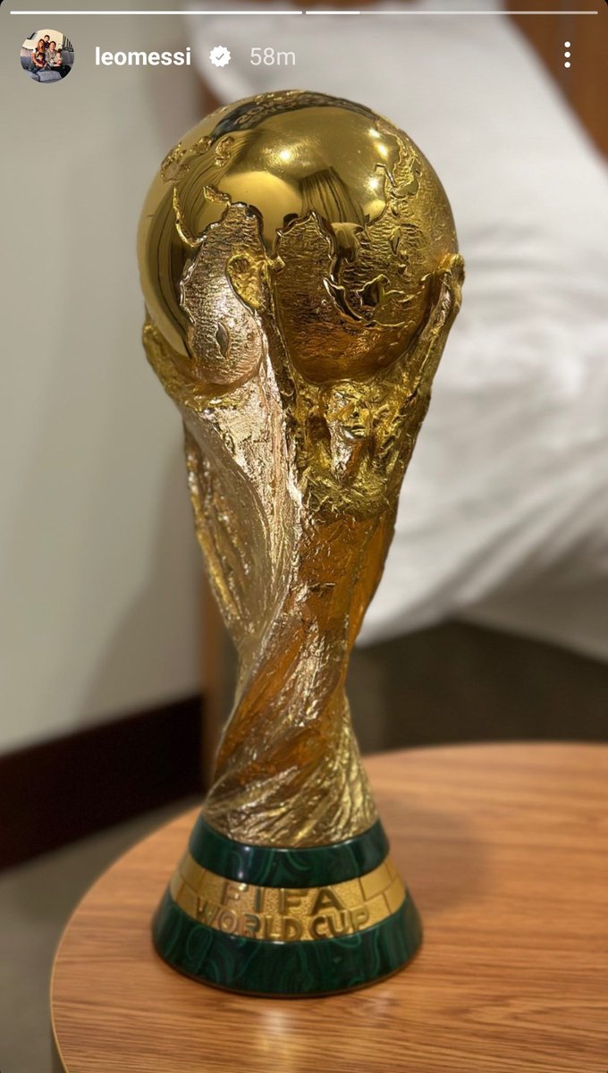 MothershipSG's tweet photo. Lionel Messi posted this on his Instagram story, showing the Singapore side of the World Cup trophy. 

Proof that he dedicated the win to me, no cap. Thanks Messi 🤍💙 https://t.co/S8gyLsDUDH