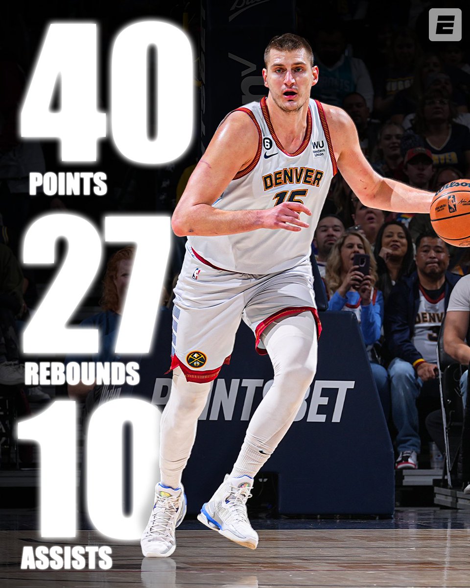 SportsCenter's tweet photo. Nikola Jokić is the third player in NBA history with 40 Pts, 25 Reb and 10 Ast in a game‼️ 

He joins Wilt and Elgin Baylor ♨️ https://t.co/qUty47nwIz