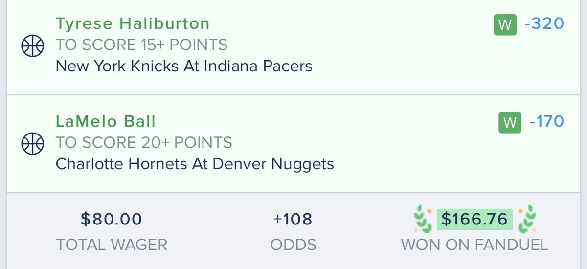 FanDuelLocks's tweet photo. DAY FOUR WITH A DOUBLE BANG!🏀
✅✅

Both our parlays doubled up on the night between haliburton lamelo and Gordon we crushed it! 🤑🤑🤑

Onto day 5 tomorrow as we look to double 160 into 320🔥⬆️

#10Kin10days https://t.co/cCS8Pg92y1