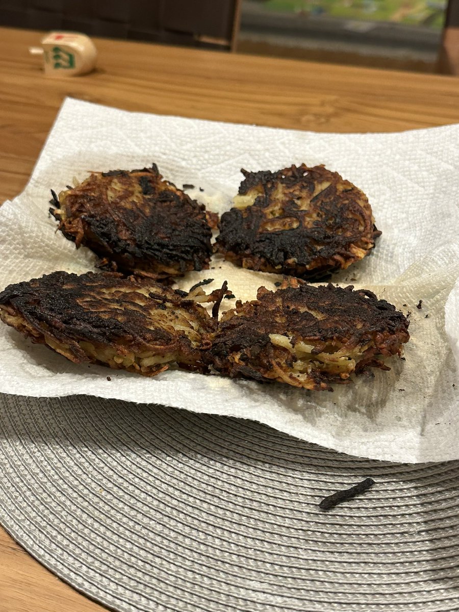 Whitney made the baby friendly potato Latkas for ash. And I made the not baby friendly ones.
Which maybe involved burning them. She’s now challenging me to a latkas off and I’ve failed my people