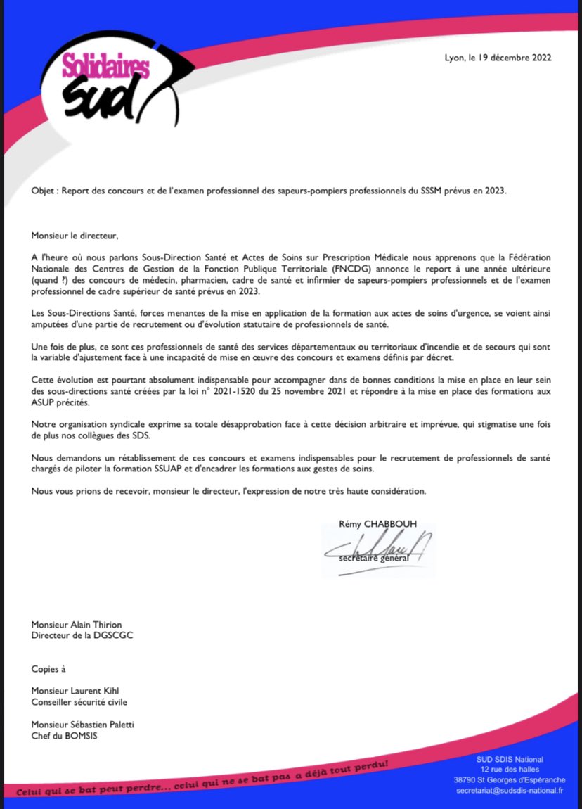0 concours SSSM = 0 personnel de santé recruté ou sans évolution pour ceux présents dans les SIS  = 0 formation aux actes de soins d’urgences. (80% de l’activité !)

25/11/21 : vive le SSUAP ! 💪🏻
18/12/22 : mort aux SSSM ! 🙃

<a href="/SecCivileFrance/">Sécurité Civile</a> <a href="/SudSdisNational/">Sud Sdis National</a> 
<a href="/PompiersFR/">Pompiers de France</a>