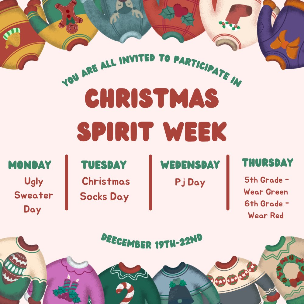 The Holiday Cheer student leadership team invites students to participate in a holiday themed spirit week this week!