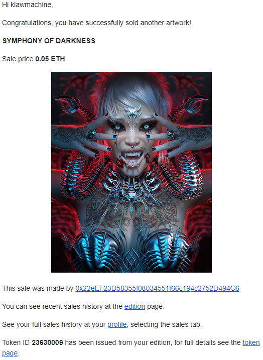 We just sold another edition of our new drop 'SYMPHONY OF DARKNESS' <a href="/KnownOrigin_io/">KnownOrigin.io</a>! A massive thanx mystery buyer for collecting 💯🖤

⚡️ 5/15 editions left / 0.05 $ETH

Thx for your amazing support! #NFTCommunity 🚀        
  
#NFTs #NFT Link 👇