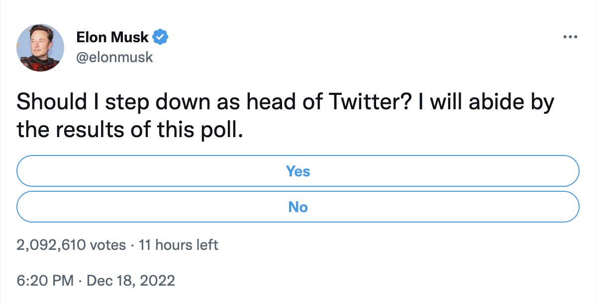 Elon Musk is currently running a Twitter poll asking whether or not he should step down as head of Twitter. He says he will abide by the results.